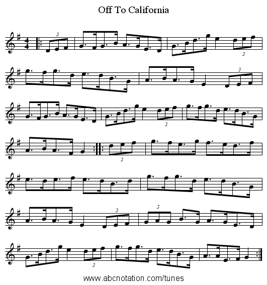 Off To California - staff notation