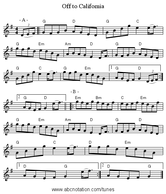 Off to California - staff notation
