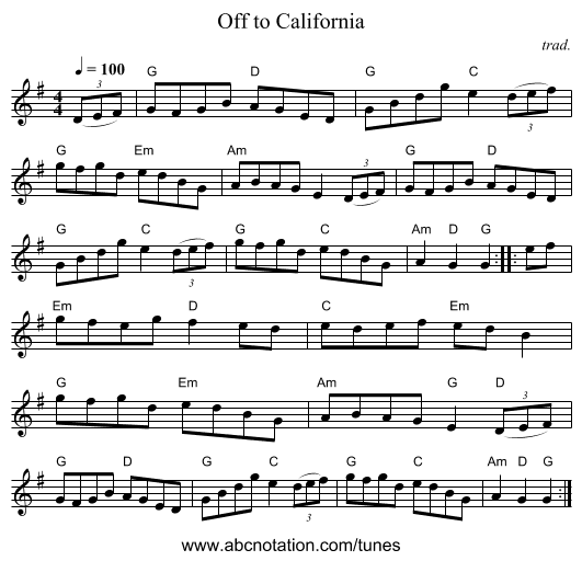 Off to California - staff notation