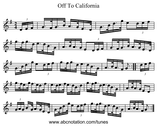 Off To California - staff notation