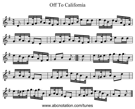 Off To California - staff notation