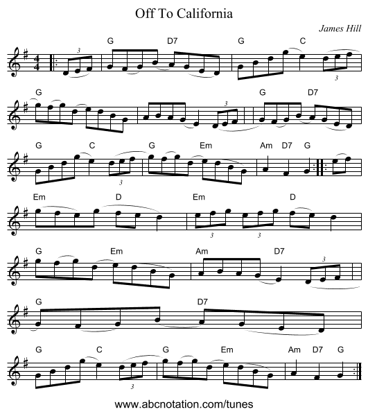 Off To California - staff notation
