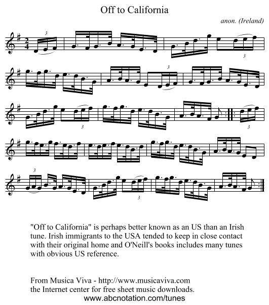 Off to California - staff notation