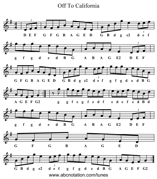 Off To California - staff notation