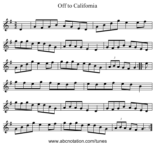Off to California - staff notation