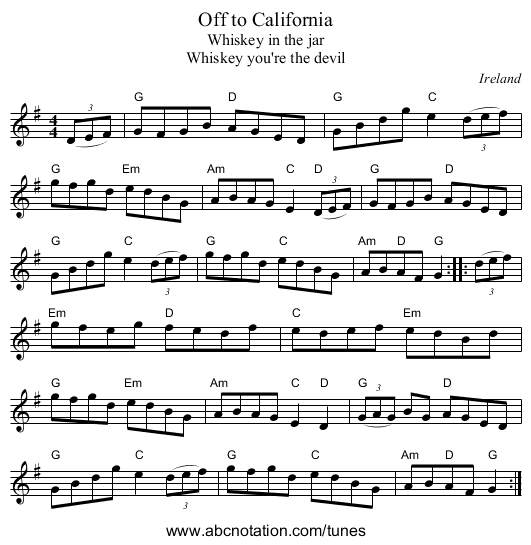 Off to California - staff notation