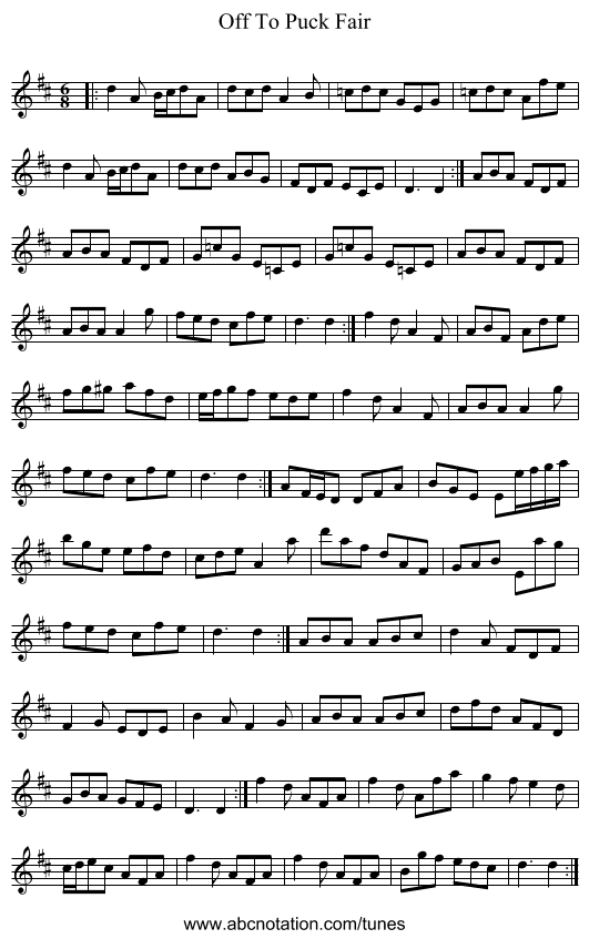 Off To Puck Fair - staff notation