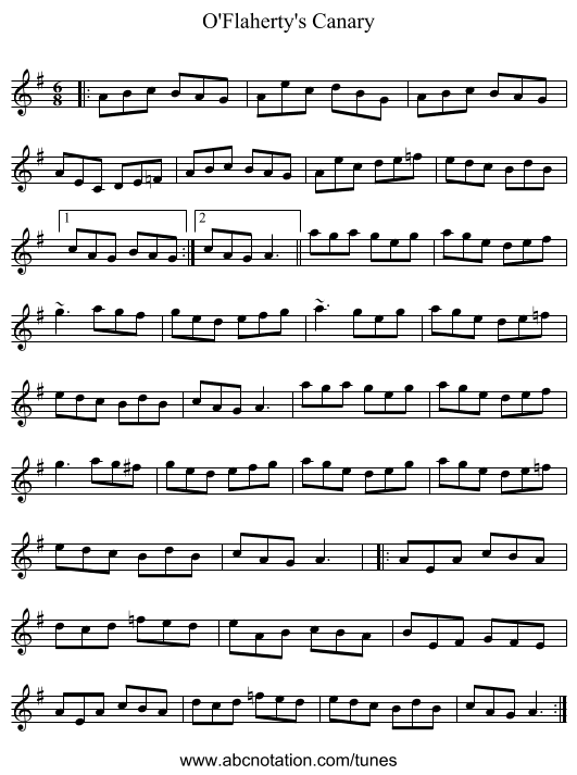 O'Flaherty's Canary - staff notation