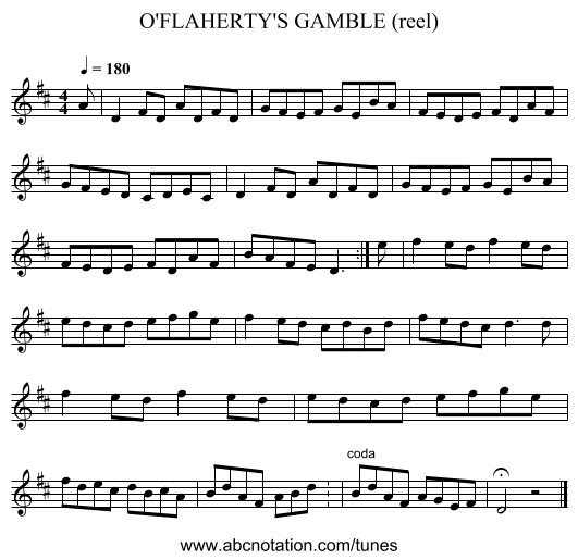 O'FLAHERTY'S GAMBLE (reel) - staff notation