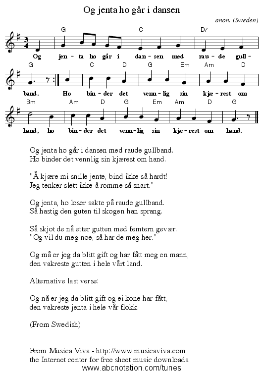 Og jenta ho går i dansen - staff notation