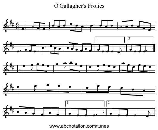 O'Gallagher's Frolics - staff notation