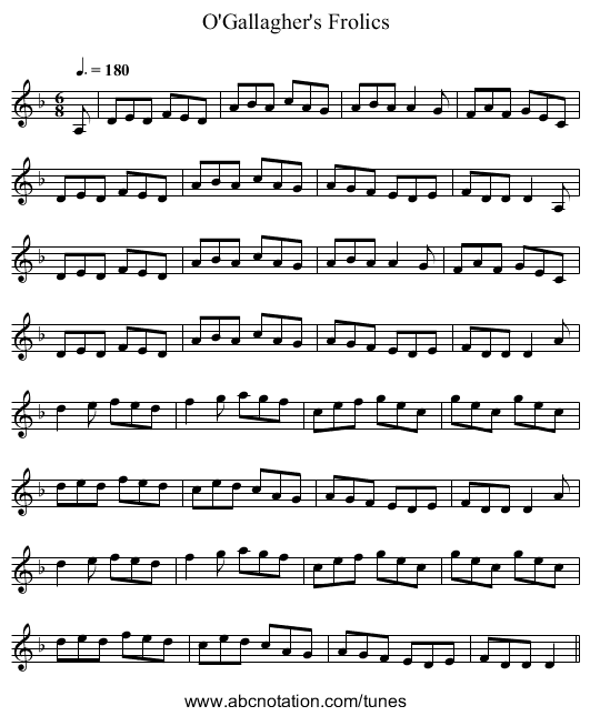 O'Gallagher's Frolics - staff notation
