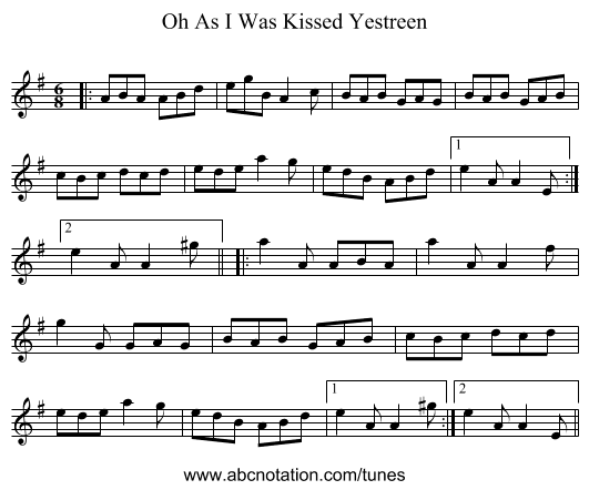 Oh As I Was Kissed Yestreen - staff notation