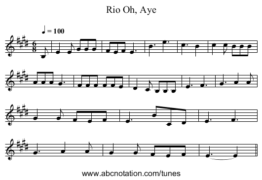 Oh, Aye, Rio - staff notation