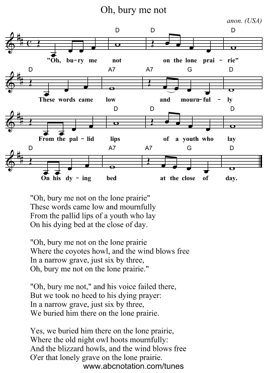 Oh, bury me not - staff notation