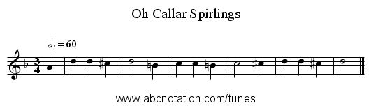 Oh Callar Spirlings - staff notation