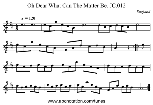 Oh Dear What Can The Matter Be. JC.012 - staff notation
