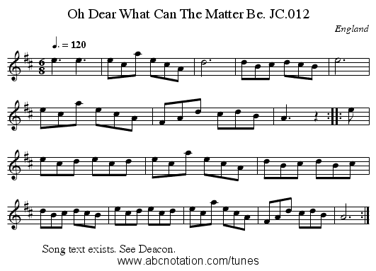 Oh Dear What Can The Matter Be. JC.012 - staff notation