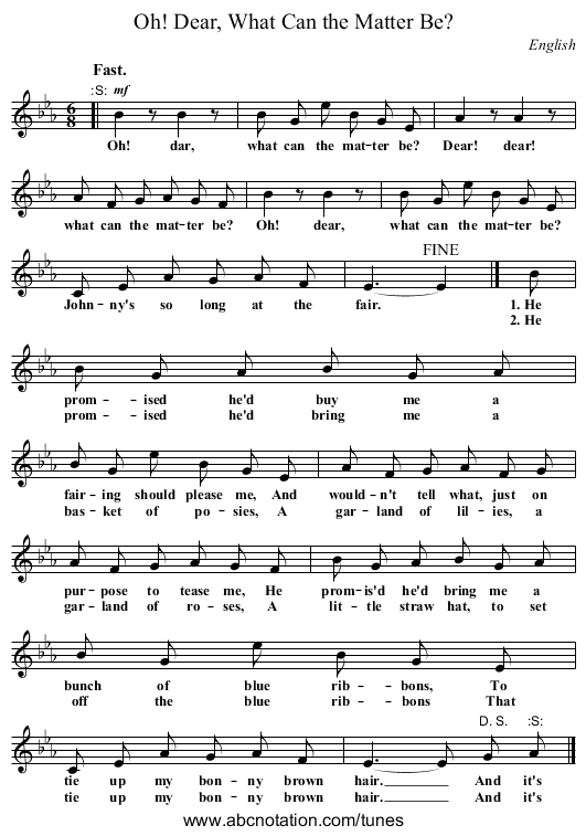Oh! Dear, What Can the Matter Be? - staff notation