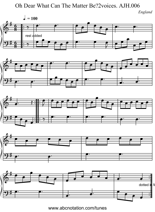 Oh Dear What Can The Matter Be?2voices. AJH.006 - staff notation