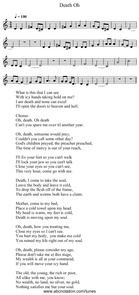 Oh, Death - staff notation