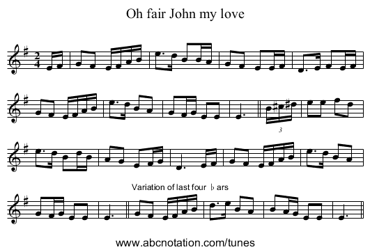 Oh fair John my love - staff notation