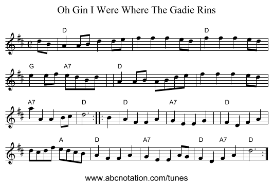 Oh Gin I Were Where The Gadie Rins - staff notation