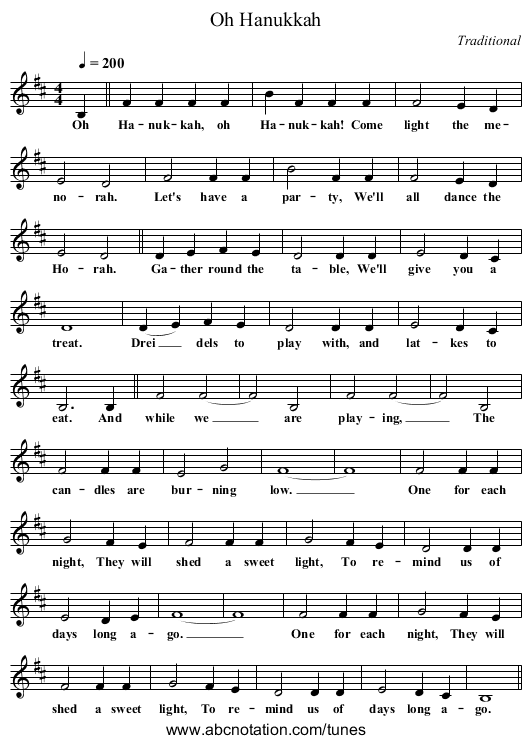Oh Hanukkah - staff notation