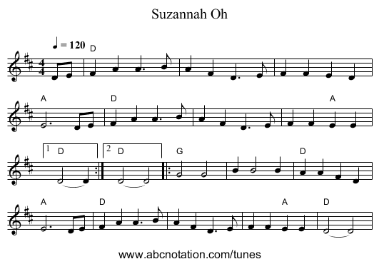 Oh, Suzannah - staff notation