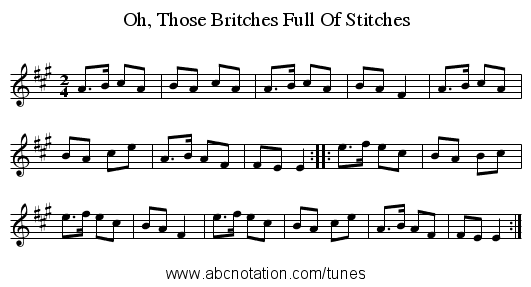 Oh, Those Britches Full Of Stitches - staff notation