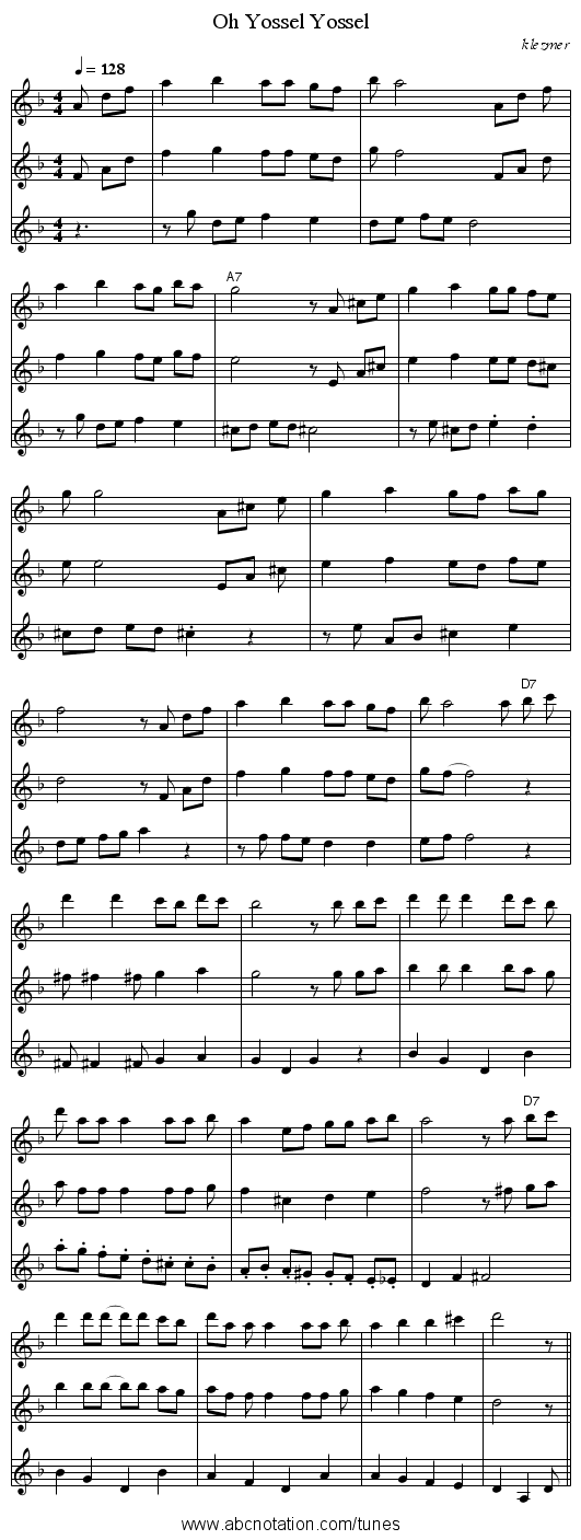 Oh Yossel Yossel - staff notation