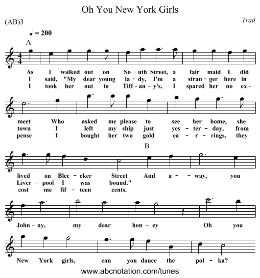 Oh You New York Girls - staff notation