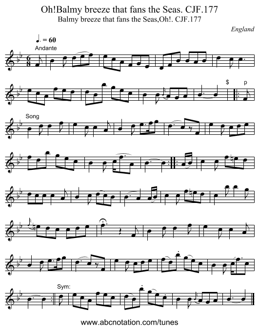 Oh!Balmy breeze that fans the Seas. CJF.177 - staff notation