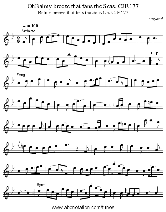 OhBalmy breeze that fans the Seas. CJF.177 - staff notation