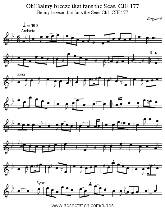 Oh!Balmy breeze that fans the Seas. CJF.177 - staff notation