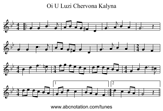 Oi U Luzi Chervona Kalyna - staff notation