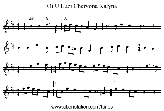 Oi U Luzi Chervona Kalyna - staff notation