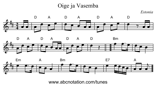 Oige ja Vasemba - staff notation