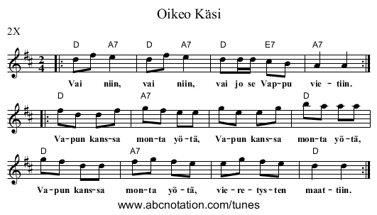 Oikeo K&auml;si - staff notation
