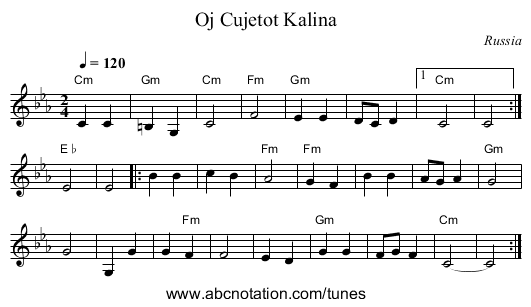 Oj Cujetot Kalina - staff notation