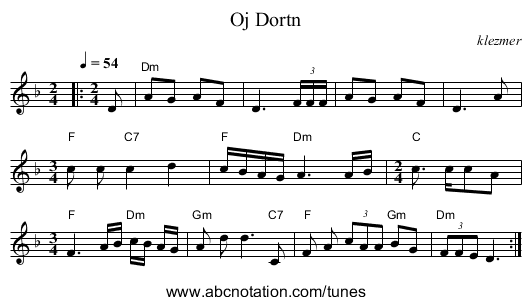 Oj Dortn - staff notation
