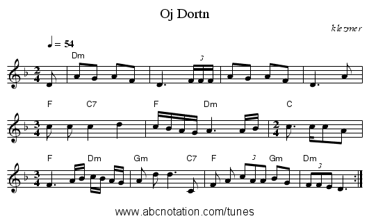 Oj Dortn - staff notation