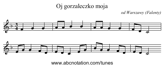 Oj gorzaleczko moja - staff notation