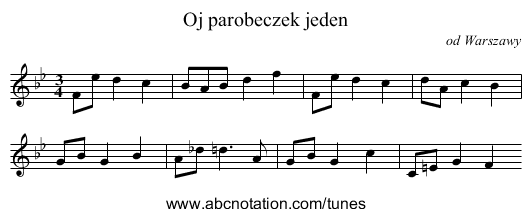 Oj parobeczek jeden - staff notation
