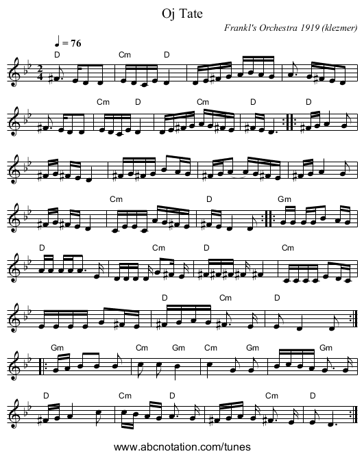 Oj Tate - staff notation