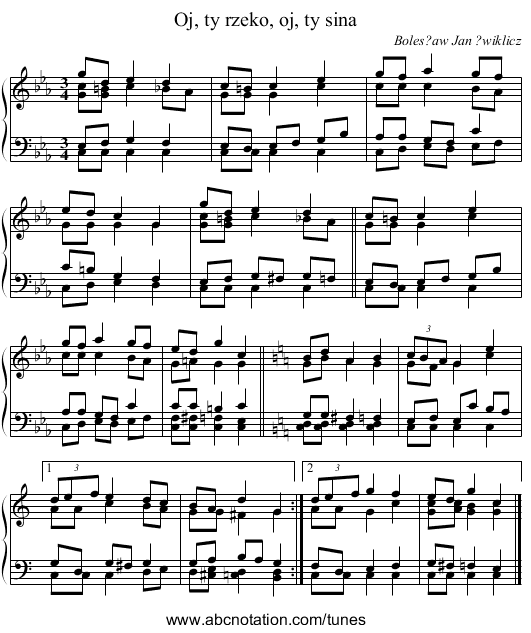 Oj, ty rzeko, oj, ty sina - staff notation