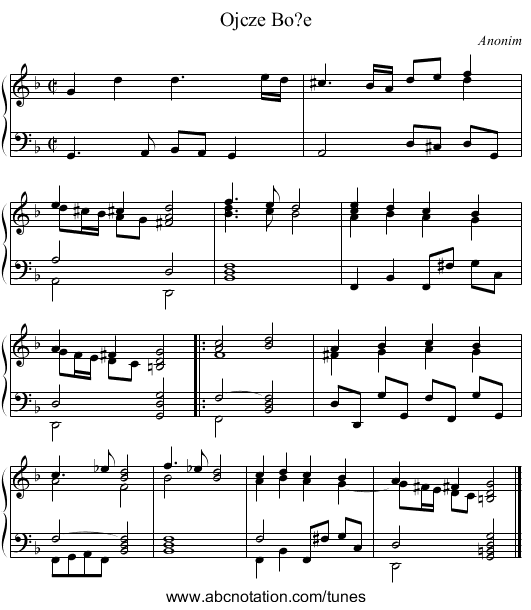 Ojcze Bo?e - staff notation