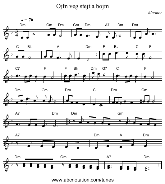 Ojfn veg stejt a bojm - staff notation