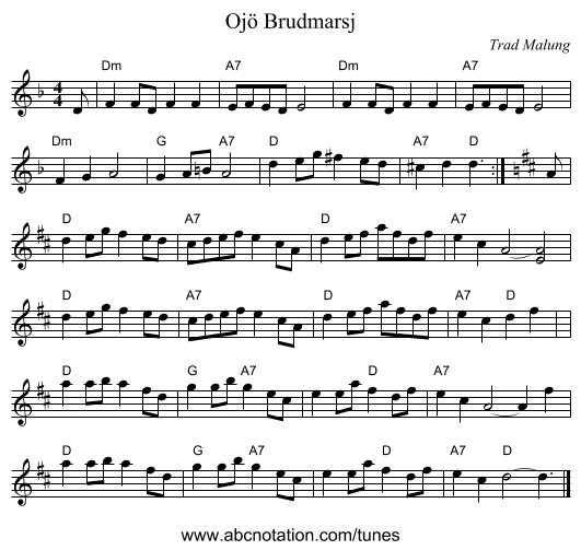 Oj&ouml; Brudmarsj - staff notation