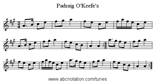 O'Keefe's, Padraig - staff notation